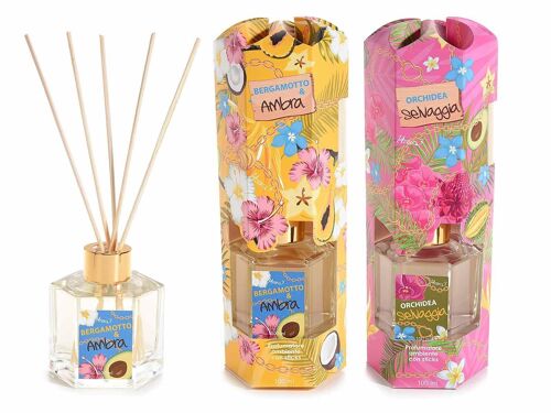 Profumatori per ambiente da 100 ml con stick per profumare in confezioen regalo design tropicale