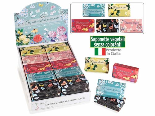 Saponette vegetali italiane da 150 gr senza coloranti in espositore design 14zero3 Blooming Time. Prodotto e disegnato in Italia