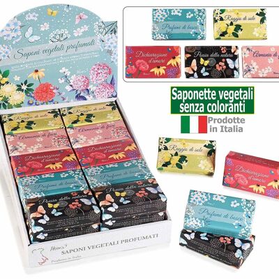 150 g italienische Pflanzenseifenstücke ohne Farbstoffe im 14zero3 Blooming Time Design-Display. Produziert und entworfen in Italien