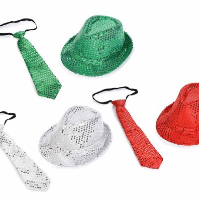 Set Party Xmas con cravatta e cappello colorati con paillettes