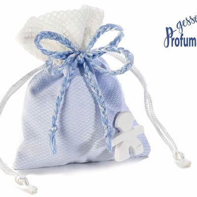 Light blue cotton bags with Baby Boy chalk and woven ribbon
