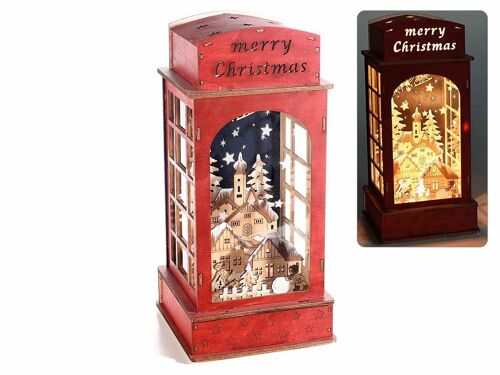 Decorazione natalizia a cabina telefonica in legno con paesaggio invernale glitterato e 10 luci led