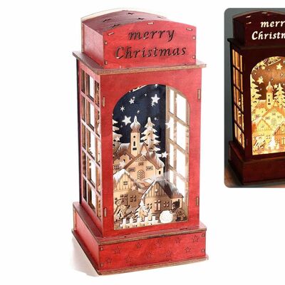 Wooden telephone booth Christmas decoration with glittery winter landscape and 10 LED lights