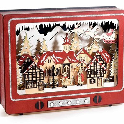 Accessoire de décoration de Noël pour téléviseur en bois avec paysage de Noël enneigé pailleté et 15 lumières LED
