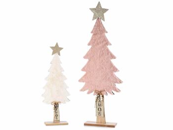 Sapins de Noël en bois et fausse fourrure écologique avec étoile pailletée en lot de 2 pcs