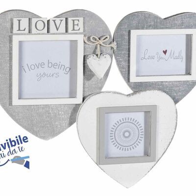 Multiple wooden photo holders with 3 heart-shaped frames to hang