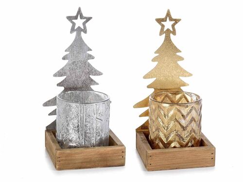 Porta candela in legno e metallo con decoro albero di Natale e vasetto portacandela in vetro