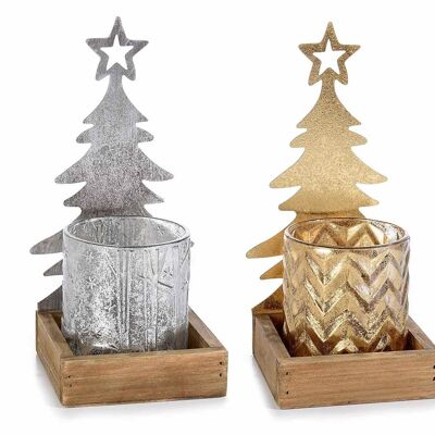Portavelas de madera y metal con decoración de árbol de Navidad y tarro de cristal para velas.