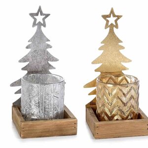 Bougeoir en bois et métal avec décoration de sapin de Noël et photophore en verre