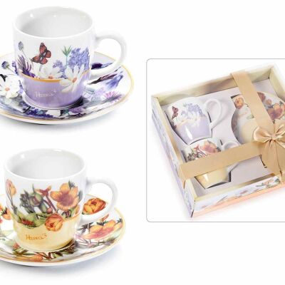 Porcelain coffee cups w/saucer, floral decorations and gold-colored details in pack. of 2 pcs