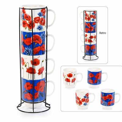 Porcelain mugs with poppy decoration design 14zero3 in set of 4 pieces in metal display