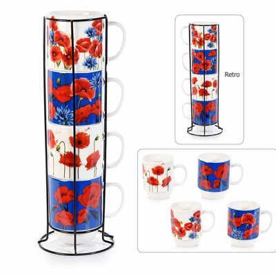 Tazze in porcellana con decoro papavero design 14zero3 in set da 4 pz in espositore in metallo