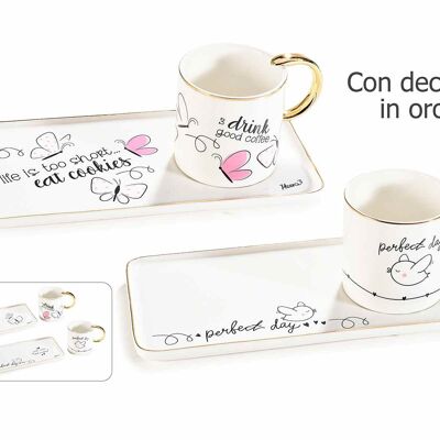 Tazzine da caffè con piattino porta biscotti in porcellana, manico e decori in oro vero