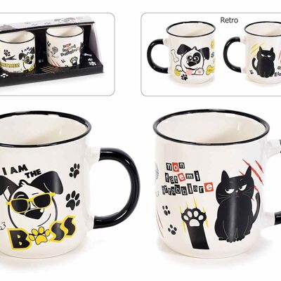 Porcelain mugs with dog and cat design signed 14zero3 in a pack of 2 pieces