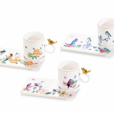 Coffee cups with porcelain biscuit holder, bird and golden decorations in a set