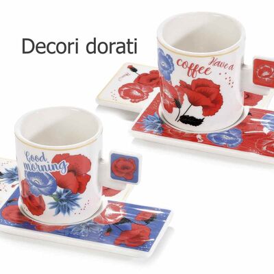 Tazzine da caffé e piattino in porcellana con bordo dorato design Fiori Estate 14zero3 in set