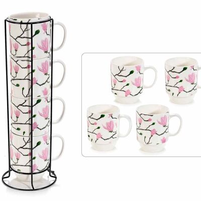 Porcelain mugs with Blooming Time 14zero4 decoration in a set of 4 pieces in a metal display
