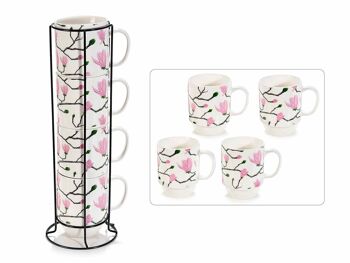 Mugs en porcelaine à décor Blooming Time 14zero4 en lot de 4 pièces dans un présentoir en métal