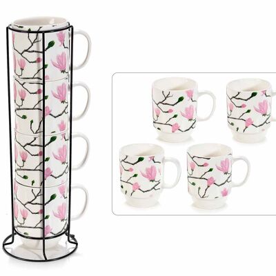 Tazze in porcellana decoro Blooming Time 14zero4 in set da 4 pz in espositore in metallo