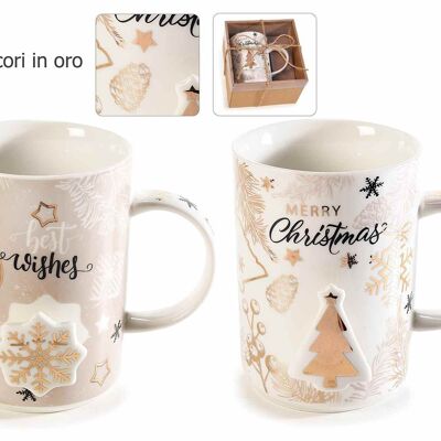Christmas mugs in porcelain with real gold decorations, Christmas Romance design signed 14zero3