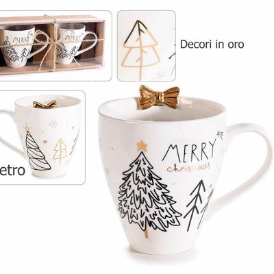 Tazas navideñas de porcelana con adornos de oro auténtico en una caja de regalo de 2 piezas