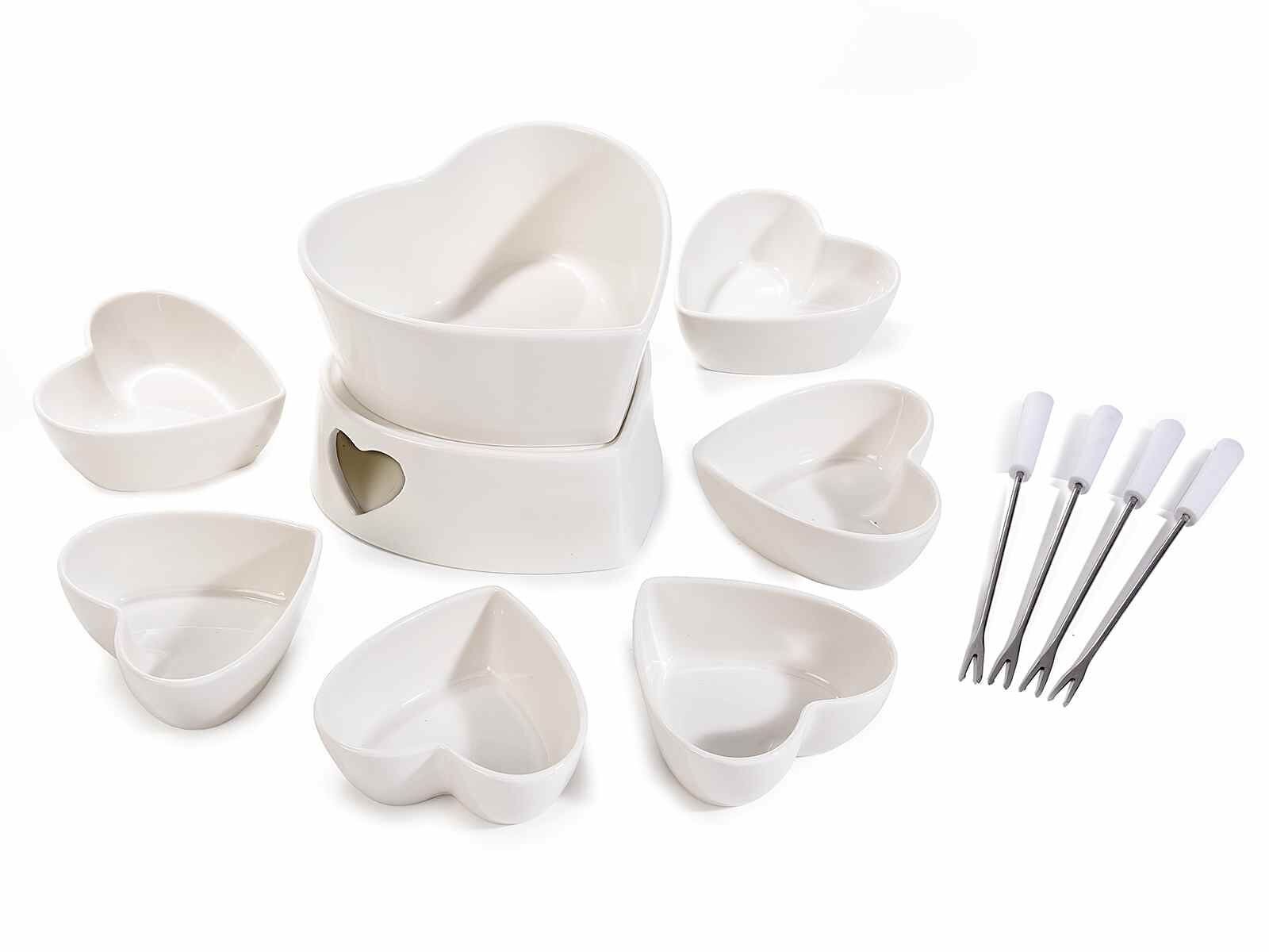 Set de fondue de chocolate en forma de corazón con 4 tenedores de porcelana