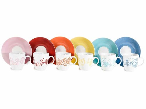 Tazzine da caffè colorate in porcellana decorata con piattino ''Rose & Cuori'' design 14zero3