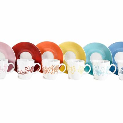Colorful porcelain coffee cups decorated with saucer ''Rose & Hearts'' design 14zero3