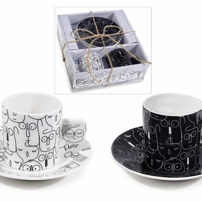 Tasse et soucoupe en porcelaine dans un ensemble de deux pièces avec visages et décorations souriantes design 14zero3