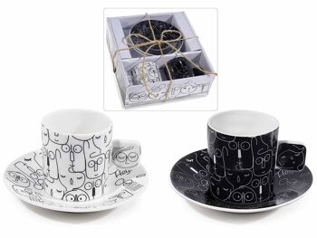 Tasse et soucoupe en porcelaine dans un ensemble de deux pièces avec visages et décorations souriantes design 14zero3