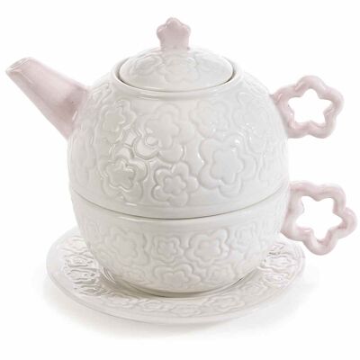 Tasse und Teekanne mit in Porzellan geschnitzten Blumendekorationen, Blumenhenkel und passender Untertasse