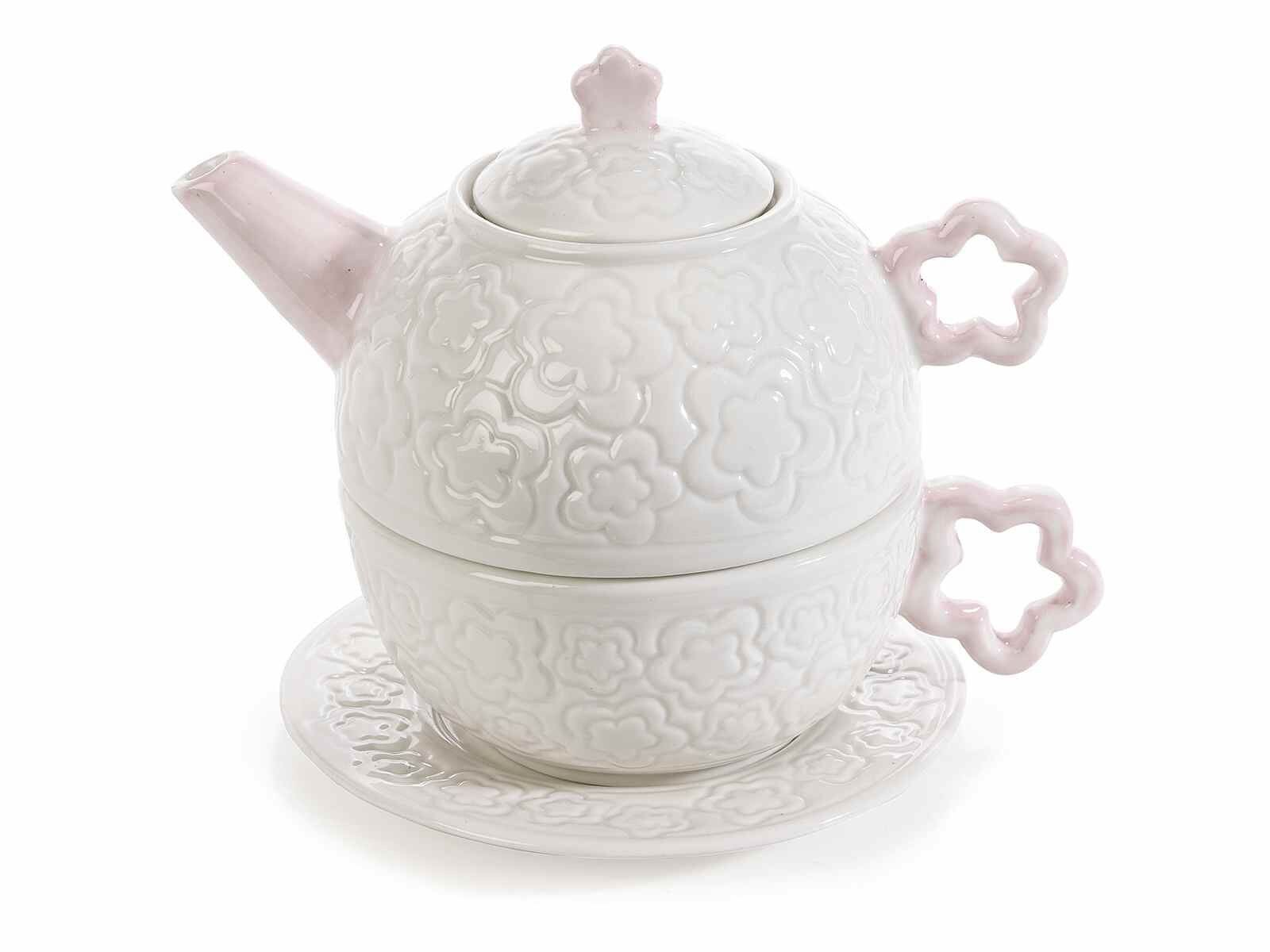 Tazza e teiera con decori floreali intagliata in porcellana, manico a fiore e piattino coordinato