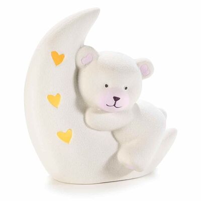 Rosa Teddybären auf Porzellanmond mit Herzverzierungen und LED-Licht