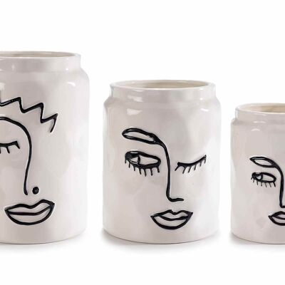 Ensemble de vases en porcelaine blanche avec visages de femmes effet martelé