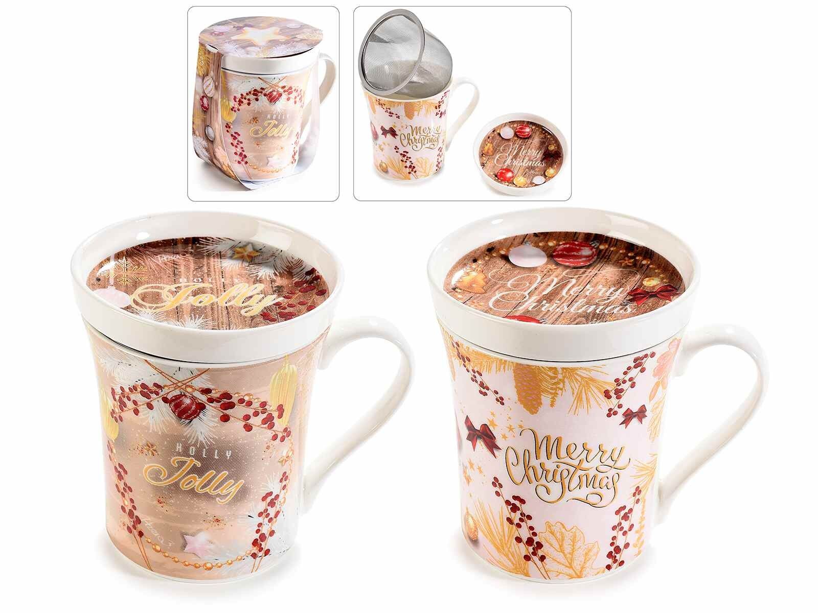 Tazas de té de porcelana diseño 14zero3 "Holly Jolly" en caja de regalo individual