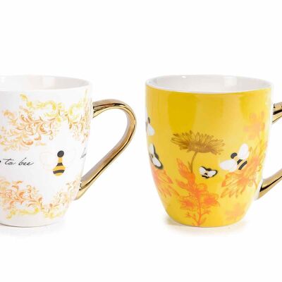 Tazas de porcelana con diseño de abejas y miel "Bee Honey" con adornos y mango dorado diseño 14zero3