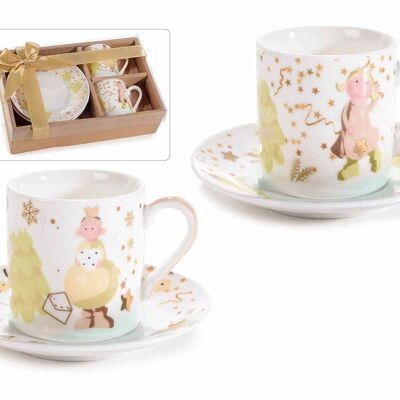 Coffret cadeau avec tasses et soucoupes en porcelaine avec décorations dorées design anges design 14zero3