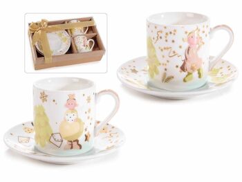 Coffret cadeau avec tasses et soucoupes en porcelaine avec décorations dorées design anges design 14zero3