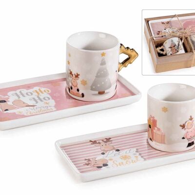 Coffrets avec 2 tasses et soucoupes en porcelaine décorées motif Noël 14zero3