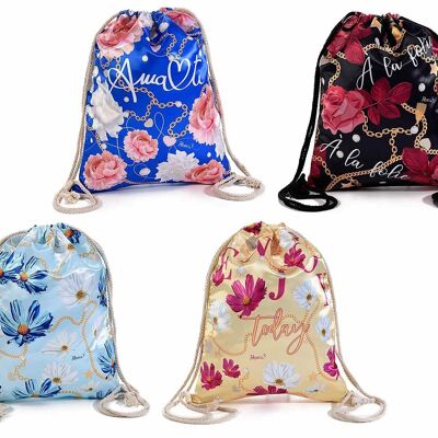 Satin sack backpacks with "Flowers and chains" prints and drawstring closure