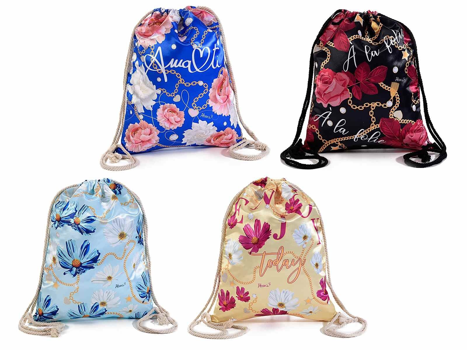 Sackrucksäcke aus Satin mit „Flowers and Chains“-Aufdruck und Kordelzugverschluss
