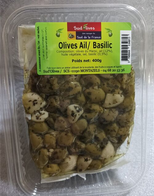 Olives cassées AIL BASILIC Sud'Olives 400gr