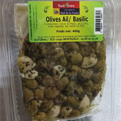 Gebrochene Oliven KNOBLAUCH-BASILIKUM Sud'Olives 400gr