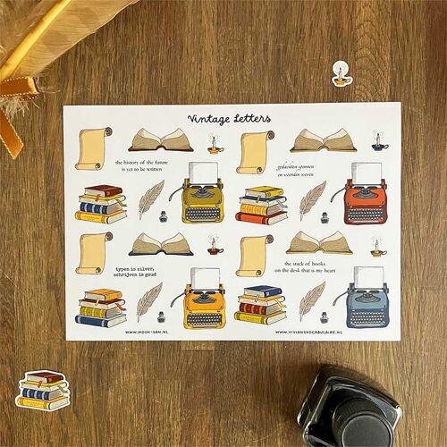 A5 Sticker Sheet Vintage Letters Reading Writing Books Typewriter Candle Feather Candle Parchment Poetry