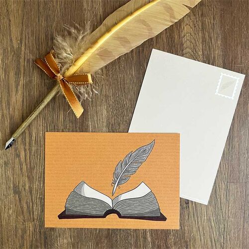 Postcard Open Book with Feather Writing Reading Vintage Ocher Beige Poetry