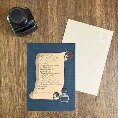 Postkarte Pergament und Tinte Vintage Poesie Dunkelblau Beige Postschrift