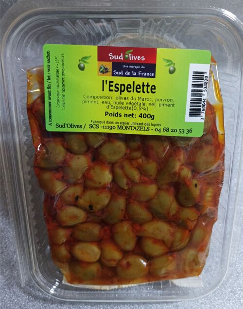 Olives picholines au Piment d’Espelette. 400gr