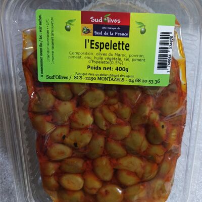 Picholine-Oliven mit Espelette-Pfeffer. 400gr