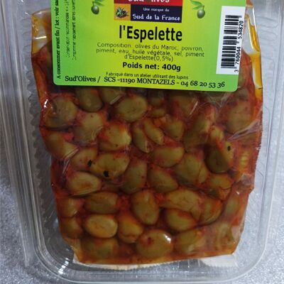 Olives picholines au Piment d’Espelette. 400gr