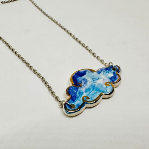 Blue and gold Cloud shape pendant necklace, handmade pottery